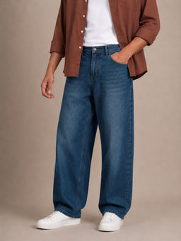 Perch - Blue Solid Loose Fit Jeans