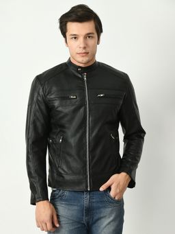 TBOJ - Black Men Mandarin Collar Solid Casual Biker Jacket