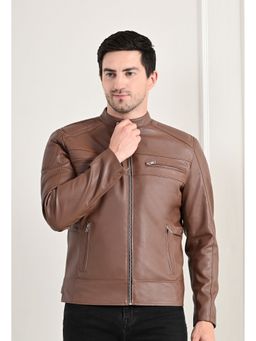 TBOJ - Tan Men Mandarin Collar Solid Casual Biker Jacket