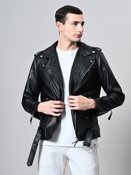 TBOJ - Black Men Lapel Collar Solid Casual Biker Jacket