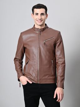 TBOJ - Tan Men Mandarin Collar Solid Casual Biker Jacket