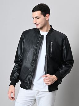 TBOJ - Black Men High Neck Solid Casual Biker Jacket