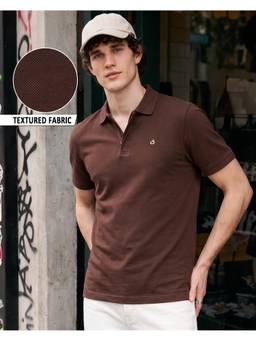 Bewakoof - Mens Brown Textured Mercerized Polo T-shirt