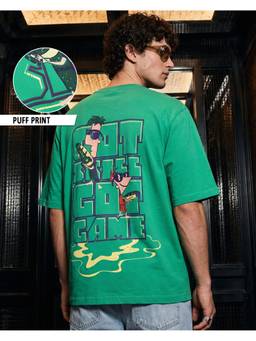 Bewakoof - Disney Men's Green Phineas and Ferb Graphic Printed Oversized T-shirt