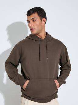 Styli - Men Coffee Brown Solid Relaxed Fit Long-Sleeves Pullover Hoodie