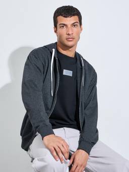 Styli - Men Grey Solid Long-Sleeves Relaxed Fit Zip-Up Hoodie Jacket