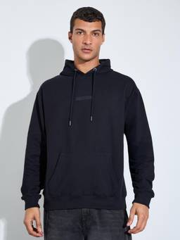 Styli - Men Black Embroidered Relaxed Fit Pullover Hoodie with Kangaroo Pocket