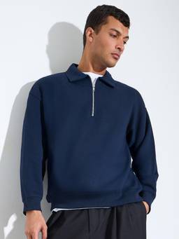 Styli - Men Navy Blue Solid Polo Collar Long-Sleeves Quarter-Zip Sweatshirt
