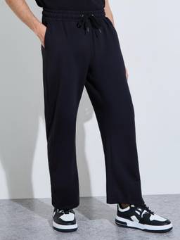 Styli - Men Black Solid Drawstring Waist Straight Fit Full Length Trackpant