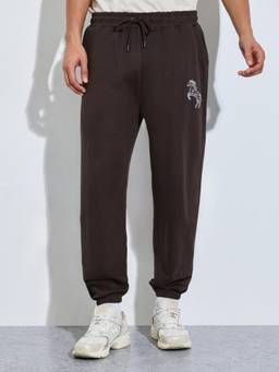Styli - Men Brown Printed Drawstring-Waist Relaxed Fit Full-Length Cotton Joggers