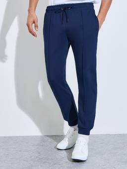 Styli - Men Navy Blue Solid Drawstring-Waist Regular-Fit Full-Length Joggers