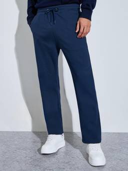 Styli - Men Navy Blue Solid Drawstring Waist Straight Leg Regular Trackpant