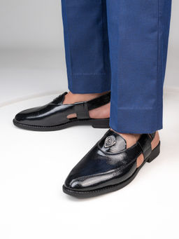 Alberto Torresi - Men Black Patent Crinkle Peshawari Sandals