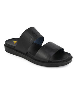 Alberto Torresi - Men Pvc Printed Branding Textured Black Leather Slippers