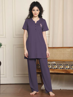 Indreams - Purple Embroidered Long Top & Pyjama (Set of 2)