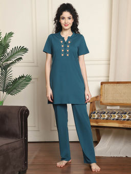 Indreams - Teal Embroidered Long Top & Pyjama (Set of 2)