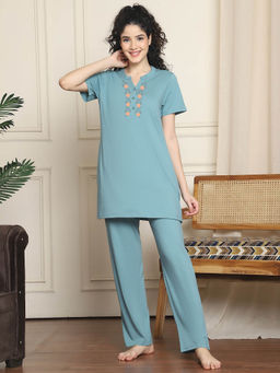Indreams - Blue Embroidered Long Top & Pyjama (Set of 2)