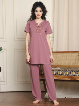 Indreams - Mauve Embroidered Long Top & Pyjama (Set of 2)