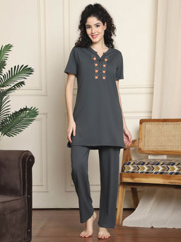 Indreams - Grey Embroidered Long Top & Pyjama (Set of 2)