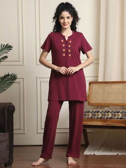 Indreams - Maroon Embroidered Long Top & Pyjama (Set of 2)