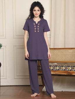 Indreams - Purple Embroidered Long Top & Pyjama (Set of 2)