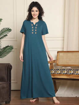 Indreams - Teal Embroidered Long Night Dress