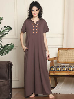 Indreams - Brown Embroidered Long Night Dress