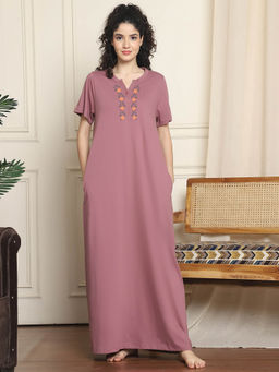 Indreams - Mauve Embroidered Long Night Dress