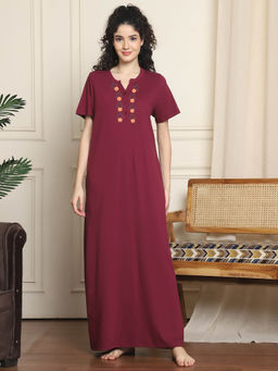 Indreams - Maroon Embroidered Long Night Dress