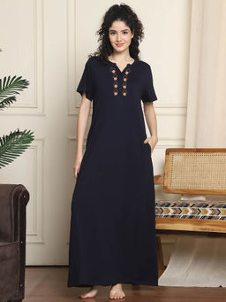 Indreams - Navy Blue Embroidered Long Night Dress