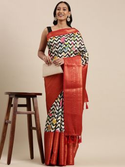 Vastranand - Off White & Black Geometric Print Banarasi Saree with Unstitched Blouse