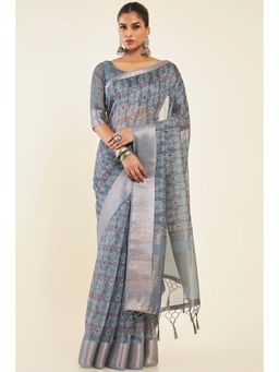 Soch - Women Grey Chanderi Printed Saree with Unstitched Blouse