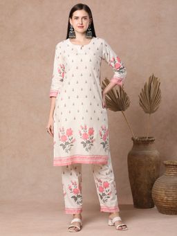 FASHOR - Rose Printed Straight Fit Cotton Flax Kurta & Pant - Off White (Set of 2)