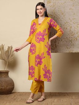 FASHOR - Abstract Floral Foil & Printed Straight Fit Kurta with Palazzo - Yellow (Set of 2)