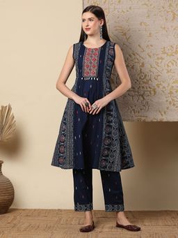 FASHOR - Ethnic Tribal Printed & Bohemian Embroidered A-Line Kurta with Pant - Blue (Set of 2)