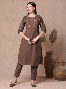 FASHOR - Solid Floral Hand Embroidered Straight Fit Kurta & Pant - Brown (Set of 2)