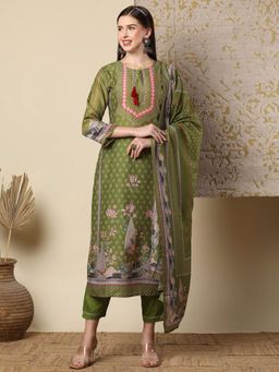 FASHOR - Fusion Floral Printed Straight Cut Kurta with Pant & Dupatta - Green (Set of 3)
