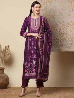 FASHOR - Fusion Floral Printed Straight Cut Kurta with Pant & Dupatta - Purple (Set of 3)