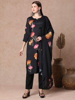 FASHOR - Abstract Floral Printed Straight Fit Kurta with Pant & Dupatta - Black (Set of 3)