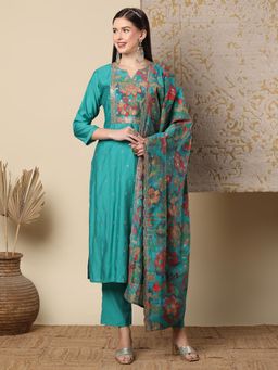FASHOR - Solid Embroidered Yoke Straight Kurta with Pant & Dupatta - Turquoise (Set of 3)