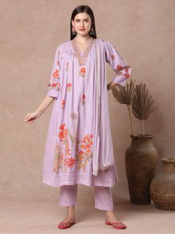 FASHOR - Chic Floral Printed A-Line Pleated Kurta with Pant & Dupatta - Purple (Set of 3)
