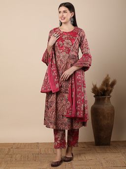 FASHOR - Abstract Floral Anarkali Flared Kurta with Pant & Dupatta - Red (Set of 3)