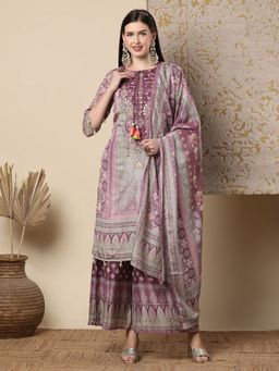 FASHOR - Ethnic Embroidered Straight Cut Crepe Kurta with Palazzo & Dupatta - Mauve (Set of 3)