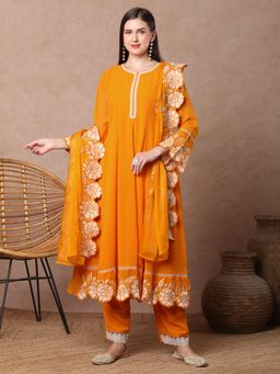 FASHOR - Solid Floral Embroidered Anarkali Flared Kurta with Pant & Dupatta - Orange (Set of 3)