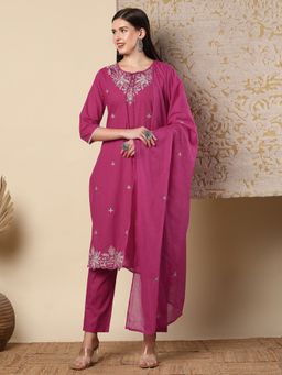 FASHOR - Ethnic Resham Embroidered Straight Fit Kurta with Pant & Dupatta - Pink (Set of 3)