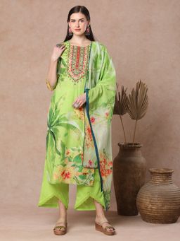 FASHOR - Ethnic Floral Printed Straight Kurta with Palazzo & Dupatta - Green (Set of 3)
