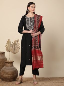 FASHOR - Ethnic Floral Embroidered Straight Cut Kurta with Pant & Dupatta - Black (Set of 3)