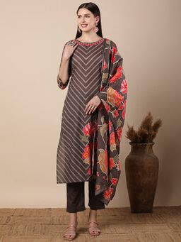 FASHOR - Abstract Floral Printed Straight Kurta with Pant & Dupatta - Grey (Set of 3)