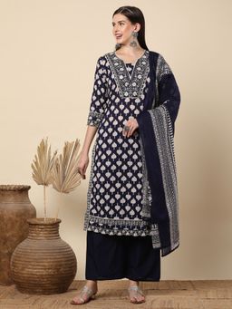 FASHOR - Ethnic Printed Straight Cut Kurta with Palazzo & Dupatta - Navy Blue (Set of 3)