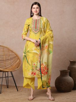 FASHOR - Abstract Floral Embroidered Straight Cut Kurta with Pant & Dupatta - Yellow (Set of 3)
